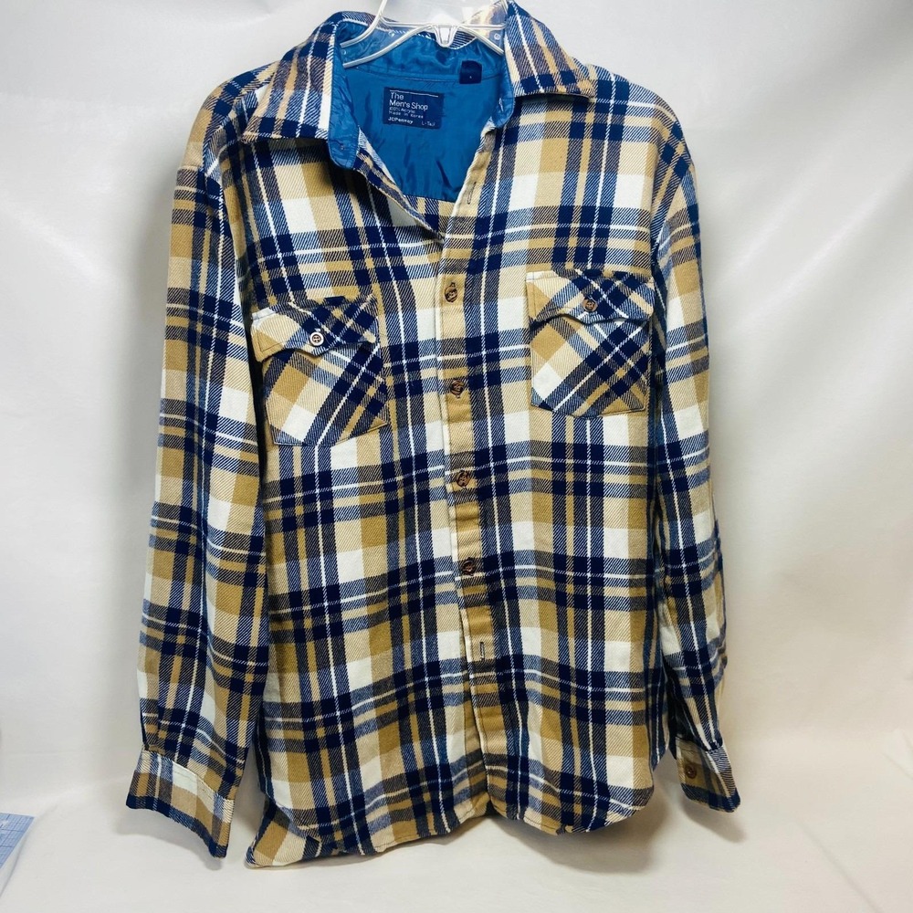 VTG 70's 80's JC Penney‎ Men's Shop Blue Brown Flannel Button Shirt Large Tall